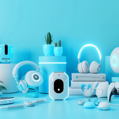Premium accessories including chargers, cables, phone holders, and wireless hubs displayed on a clean modern background