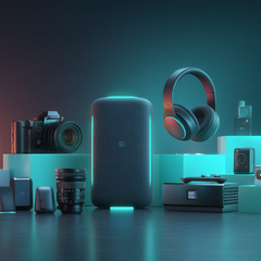 Audio and video gadgets including wireless headphones, Bluetooth speakers, and projectors displayed in a modern tech-inspired layout
