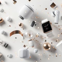 Final Sale tech collection — last-chance deals on gadgets; earbuds, smartwatch and mini speaker on a light background