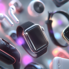 Smart wearable gadgets including smartwatches, fitness trackers, and AR/VR devices displayed on a clean tech background