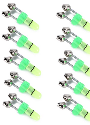 10/40 PC LED Night Fishing Bite Bait Alarm 2 Bells Light Rod Tip Clip Puce Gaia