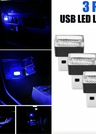 3x Mini Blue LED USB Car Interior Light Neon Atmosphere Ambient Lamp Puce Gaia
