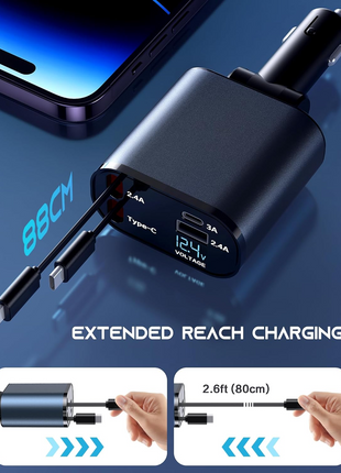 Retractable Car Charger 4 in 1 Fast Car Phone Charger 120W With USB Puce Gaia