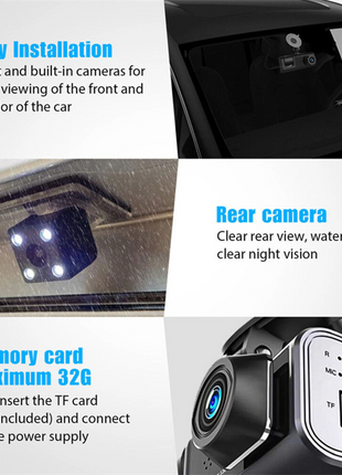Car Dual Lens Dash Cam HD 1080P Front/Rear/Inside Video Recorder Puce Gaia
