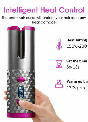 Hair Curler LCD Cordless Auto Rotating Waver Curling Iron Ceramic Puce Gaia