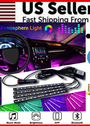 4X 48LED RGB Car Interior Atmosphere Light Strip Bar Bluetooth APP Puce Gaia
