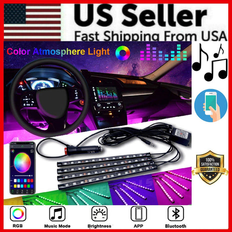 4X 48LED RGB Car Interior Atmosphere Light Strip Bar Bluetooth APP Puce Gaia