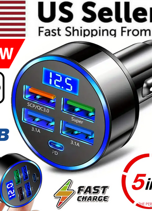 5 USB Port Super Fast Car Charger Adapter For iPhone Samsung Android Puce Gaia