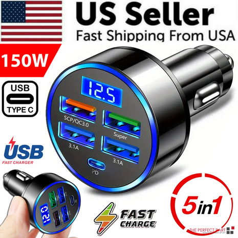 5 USB Port Super Fast Car Charger Adapter For iPhone Samsung Android Puce Gaia