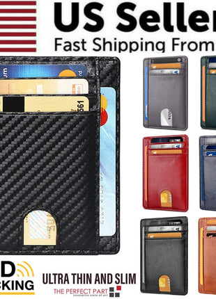 Mens Leather Slim Wallet Credit Card Holder RFID Blocking Pocket ID Puce Gaia