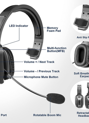 Trucker Bluetooth 5.2 Wireless Headset With Noise Cancelling Mic For Puce Gaia