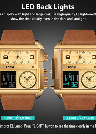 SKMEI Men Watch Large Dial Digital Quartz Sport Stopwatch Leather Puce Gaia
