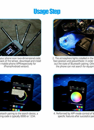 4X 48LED RGB Car Interior Atmosphere Light Strip Bar Bluetooth APP Puce Gaia