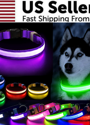 LED Adjustable Dog Collar Blinking Flashing Light Up Glow Pets Safety Puce Gaia