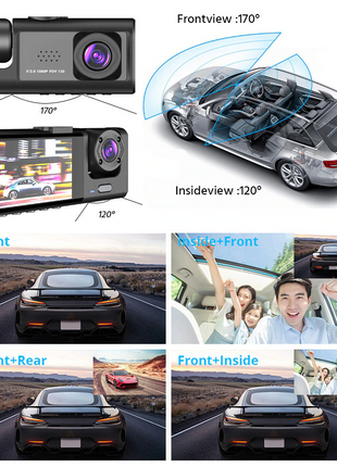 Car Dual Lens Dash Cam HD 1080P Front/Rear/Inside Video Recorder Puce Gaia