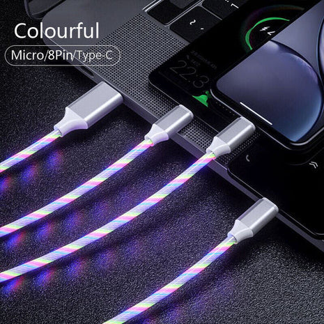 3 in 1 LED Fast Charging Cable Adapter For iPhone Micro USB Type C Puce Gaia