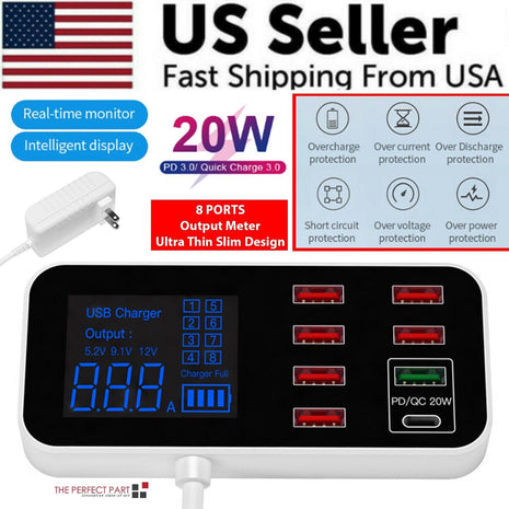 Multi USB 8-Port Fast Desktop Hub Wall Charger Charging Station Quick Puce Gaia