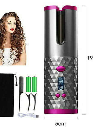 Hair Curler LCD Cordless Auto Rotating Waver Curling Iron Ceramic Puce Gaia