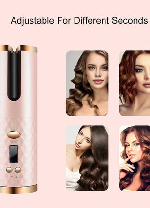 Hair Curler LCD Cordless Auto Rotating Waver Curling Iron Ceramic Puce Gaia