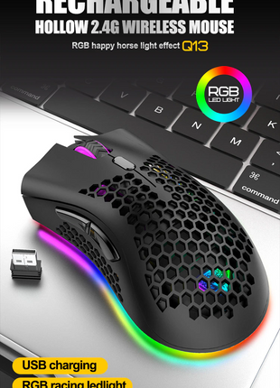 Wireless Mouse Gaming Rechargeable Optical Mouse Cordless 7 Color LED Puce Gaia