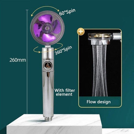 High Pressure Shower Head Adjustable 360° Rotation Turbine Water Puce Gaia
