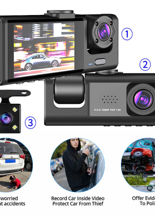Car Dual Lens Dash Cam HD 1080P Front/Rear/Inside Video Recorder Puce Gaia