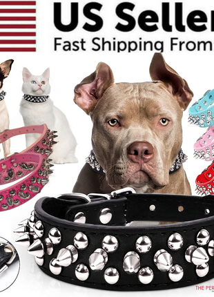 Spiked Studded Leather Dog Collar Rivets Pet Small Large Cat Pit Bull Puce Gaia