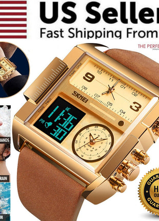 SKMEI Men Watch Large Dial Digital Quartz Sport Stopwatch Leather Puce Gaia