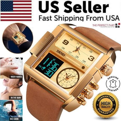 SKMEI Men Watch Large Dial Digital Quartz Sport Stopwatch Leather Puce Gaia