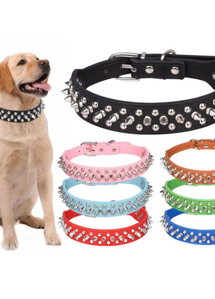 Spiked Studded Leather Dog Collar Rivets Pet Small Large Cat Pit Bull Puce Gaia