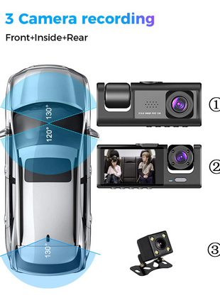 Car Dual Lens Dash Cam HD 1080P Front/Rear/Inside Video Recorder Puce Gaia