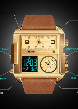 SKMEI Men Watch Large Dial Digital Quartz Sport Stopwatch Leather Puce Gaia
