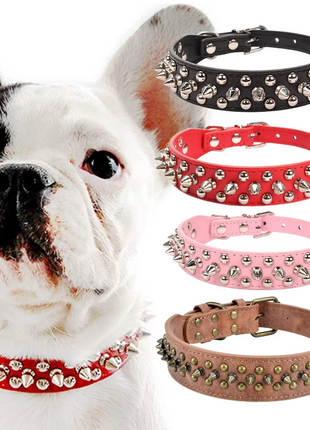 Spiked Studded Leather Dog Collar Rivets Pet Small Large Cat Pit Bull Puce Gaia
