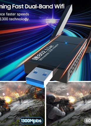 USB 3.0 Wireless WIFI Adapter 1300Mbps Long Range Dongle Dual Band Puce Gaia