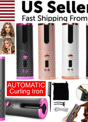 Hair Curler LCD Cordless Auto Rotating Waver Curling Iron Ceramic Puce Gaia