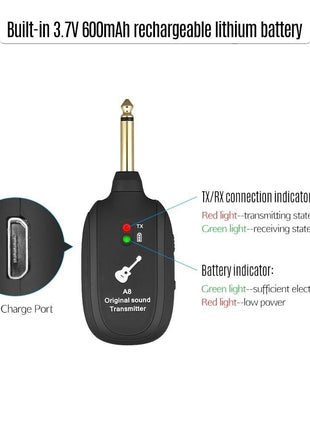 UHF Guitar Wireless System Transmitter+Receiver Built In Rechargeable Puce Gaia
