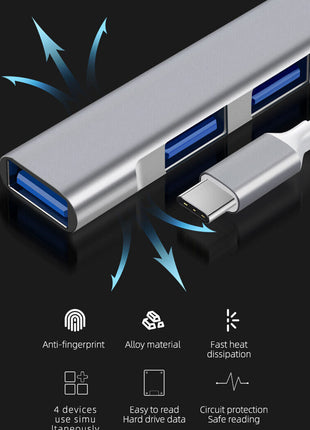 USB-C Type C to USB 3.0 4 Port Hub Splitter For PC Mac Phone MacBook Puce Gaia