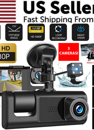 Car Dual Lens Dash Cam HD 1080P Front/Rear/Inside Video Recorder Puce Gaia