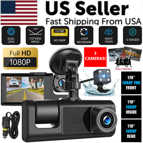Car Dual Lens Dash Cam HD 1080P Front/Rear/Inside Video Recorder Puce Gaia