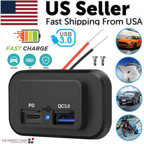 12-24V 4.8A Dual USB PD QC3.0 Car Boat RV Fast Charger Socket LED Puce Gaia