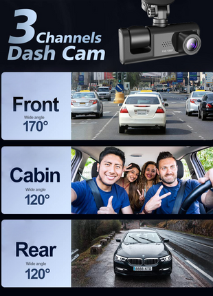 Car Dual Lens Dash Cam HD 1080P Front/Rear/Inside Video Recorder Puce Gaia