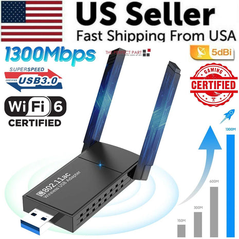 USB 3.0 Wireless WIFI Adapter 1300Mbps Long Range Dongle Dual Band Puce Gaia