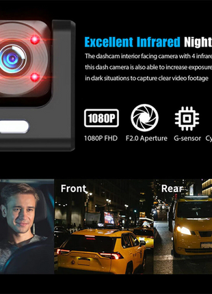 Car Dual Lens Dash Cam HD 1080P Front/Rear/Inside Video Recorder Puce Gaia