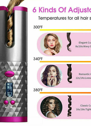 Hair Curler LCD Cordless Auto Rotating Waver Curling Iron Ceramic Puce Gaia