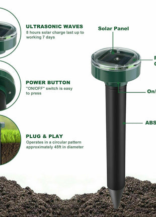 Solar Power Animal Repeller Ultrasonic Mole Pest Cat Mice Rodent Puce Gaia