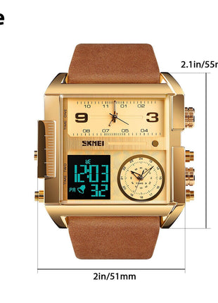 SKMEI Men Watch Large Dial Digital Quartz Sport Stopwatch Leather Puce Gaia