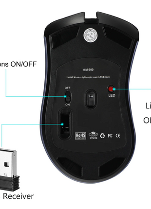 Wireless Mouse Gaming Rechargeable Optical Mouse Cordless 7 Color LED Puce Gaia