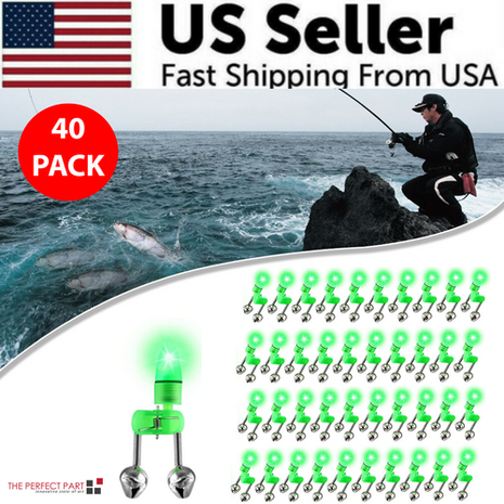 10/40 PC LED Night Fishing Bite Bait Alarm 2 Bells Light Rod Tip Clip Puce Gaia