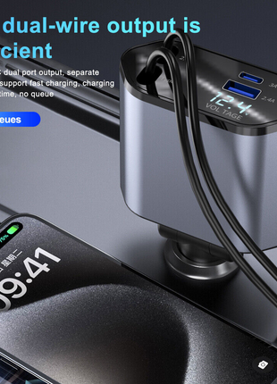 Retractable Car Charger 4 in 1 Fast Car Phone Charger 120W With USB Puce Gaia