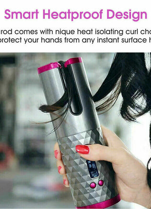 Hair Curler LCD Cordless Auto Rotating Waver Curling Iron Ceramic Puce Gaia